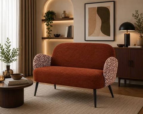 كنبة قماش فاخرة ثنائية بتصميم مودرن أنيق بقياس 132×74×80 سم – أريكة مريحة بظهر منحني وأذرع جانبية مزخرفة تناسب غرف المعيشة والاستقبال العصرية