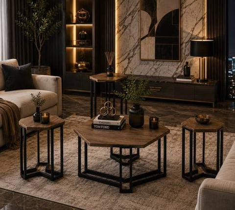 طقم طاولات سداسية مودرن 3 قطع بتصميم هندسي فاخر – سطح خشبي وقاعدة معدنية سوداء