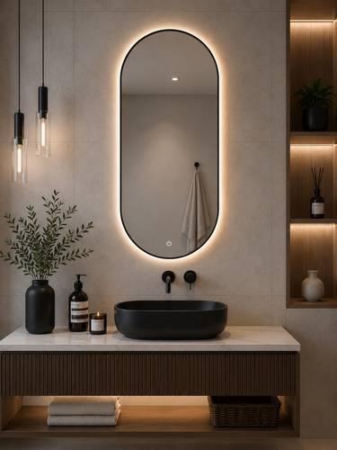 مرآة أورا آرت LED البيضاوية 120 × 60 سم – إطار أسود وإضاءة خلفية دافئه
