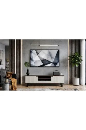 طاولة تلفزيون عصرية كبيرة 140×50×40 سم بتصميم خشبي فاخر مزدوج اللون مع درج مركزي ورفوف داخلية وأبواب جانبية – مثالية للأناقة والتنظيم العصري