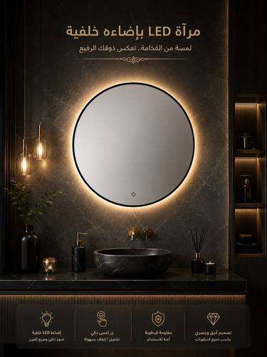 مرآة LED دائرية فاخرة 80 سم – إضاءة خلفية دافئة ولمس ذكي