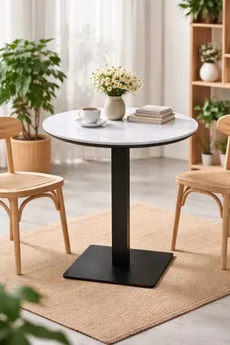 طاولة عصرية دائرية بسطح سيراميك وقاعدة معدنية مربعة بتصميم حديث للمنازل والمكاتب والمقاهي – قطر 70 سم، ارتفاع 75 سم، قاعدة 50 سم