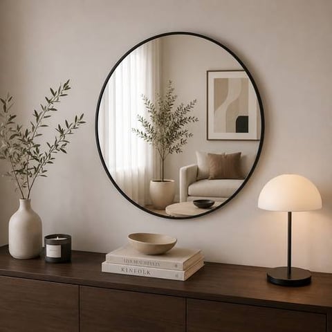 مرآة حائط دائرية فاخرة 90×90 سم بتصميم عصري أنيق – مرآة ديكور مودرن للمدخل وغرفة المعيشة وغرف النوم والصالونات
