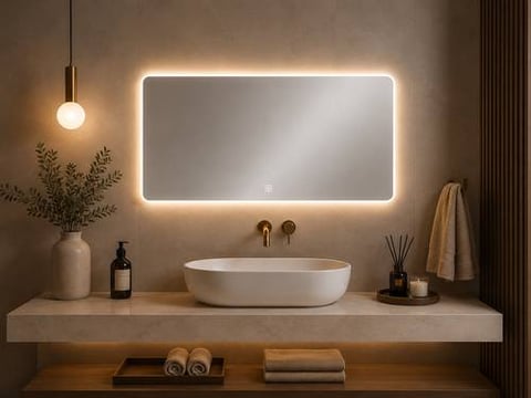 مرآة لومينا LED المستطيلة 80 × 60 سم – إضاءة خلفية دافئة ولمس ذكي