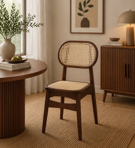 كرسي خشب طبيعي فاخر بظهر راتان وتصميم مودرن – مقاس 68×45×42×40 سم، ارتفاع المقعد 43 سم – مثالي لغرف الطعام والكافيهات