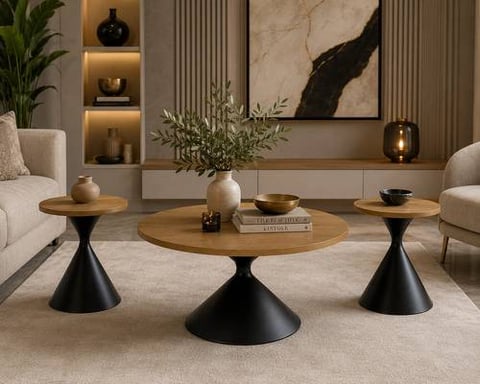 طقم طاولات قهوة مودرن 3 قطع بتشطيب خشبي طبيعي وقواعد معدنية سوداء – تصميم فاخر وعصري