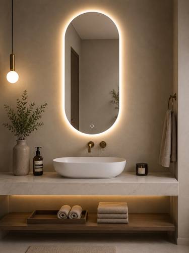 مرآة LED بيضاوية فاخرة 80 × 60 سم – إضاءة خلفية دافئة ولمسة ذكية