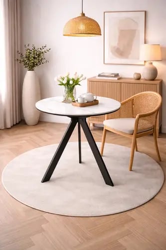 طاولة عصرية دائرية بسطح سيراميك وقاعدة معدنية هندسية ثلاثية الأرجل بتصميم حديث للمنازل والمكاتب والمقاهي – قطر 70 سم وارتفاع 75 سم