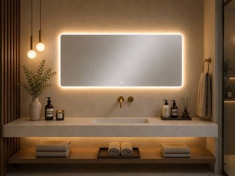 مرآة لومينو LED المستطيلة الكبيرة 120 × 60 سم – إضاءة خلفية دافئة ولمس ذكي