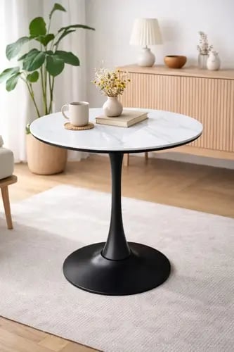 طاولة عصرية دائرية بسطح سيراميك وقاعدة معدنية بتصميم مركزي أنيق للمنازل والمكاتب والمقاهي والديكورات الحديثة – قياس 70×70 سم وارتفاع 75 سم