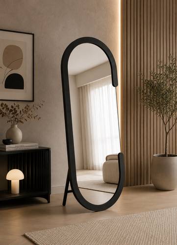 مرآة أرضية ومعلّقة بتصميم عصري فاخر – مرآة ديكور كاملة الطول بإطار انسيابي أنيق للمداخل وغرف النوم والصالونات الحديثة – مقاس 160 × 60 سم