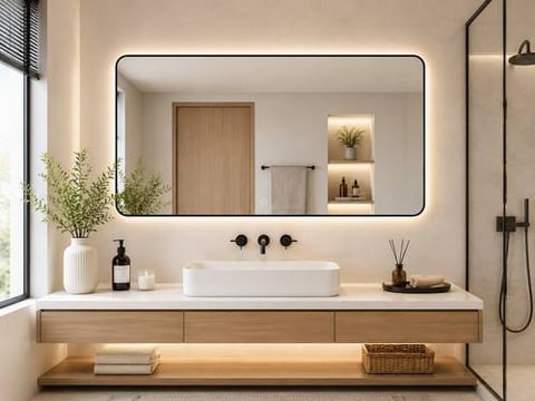 مرآة نوفا LED الفاخرة 160 × 80 سم – إطار أسود وإضاءة محيطية دافئة