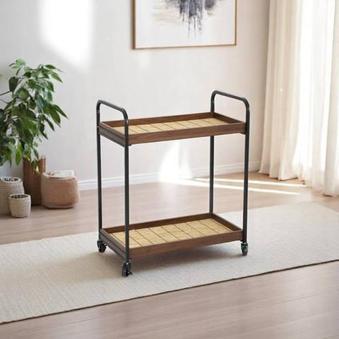 طاولة تقديم بعجلات بطابقين بتصميم خشبي معدني عصري