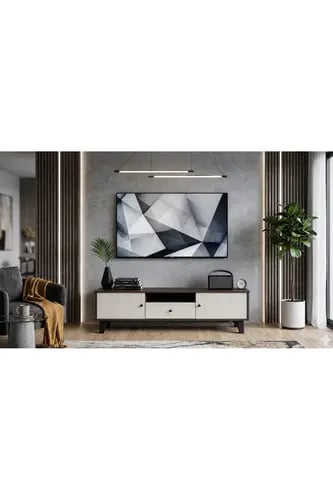 طاولة تلفزيون عصرية 120×32.5×42 سم بتصميم خشبي فاخر بلون داكن مع درج مركزي وخزائن جانبية – حل مثالي للأناقة والتنظيم في المساحات المدمجة
