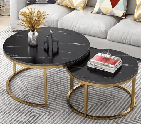 طقم طاولات قهوة متداخلة دائرية فاخرة قطعتين بتصميم عصري أنيق – هيكل من الفولاذ الكربوني مع سطح من خشب MDF عالي الكثافة، مقاس 70 × 45 سم + 50 × 38 سم، مثالية لغرف المعيشة والضيافة والديكور العصري