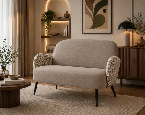 كنبة قماش فاخرة ثنائية بتصميم مودرن أنيق بقياس 132×74×80 سم – أريكة مريحة بظهر منحني وأذرع جانبية مزخرفة تناسب غرف المعيشة والاستقبال العصرية