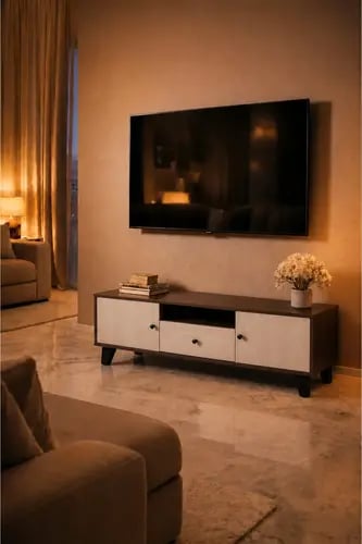 طاولة تلفزيون عصرية 140×34×41 سم بتصميم خشبي فاخر مزدوج اللون مع درج وسعة تخزين متعددة – خيار مثالي للأناقة والتنظيم |