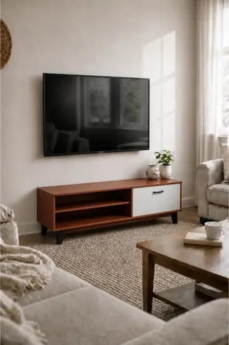 طاولة تلفزيون عصرية 120×38×44 سم بتصميم خشبي فاخر بلون دافئ مع رفوف مفتوحة وخزانة جانبية – حل مثالي للأناقة والتنظيم العصري