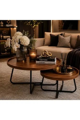 طقم طاولات قهوة دائرية متداخلة – تصميم عصري بسطح خشبي وقاعدة معدنية متينة