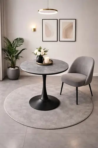 طاولة عصرية دائرية بسطح سيراميك وقاعدة معدنية بتصميم مركزي أنيق للمنازل والمكاتب والمقاهي – قطر 70 سم وارتفاع 75 سم
