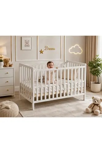 سرير أطفال كلاسيك الخشبي الآمن 124 × 65 × 85 سم – أبيض أنيق