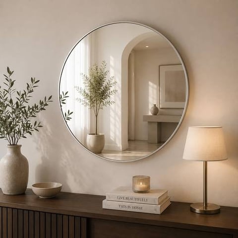 مرآة حائط دائرية فاخرة 90×90 سم بتصميم عصري أنيق – مرآة ديكور مودرن للمدخل وغرفة المعيشة وغرف النوم والصالونات