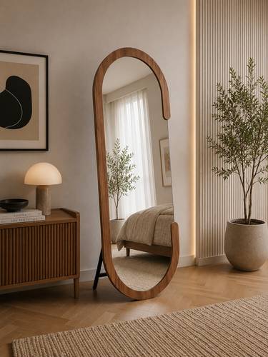 مرآة أرضية ومعلّقة بتصميم عصري فاخر – مرآة ديكور كاملة الطول بإطار انسيابي أنيق للمداخل وغرف النوم والصالونات الحديثة – مقاس 160 × 60 سم
