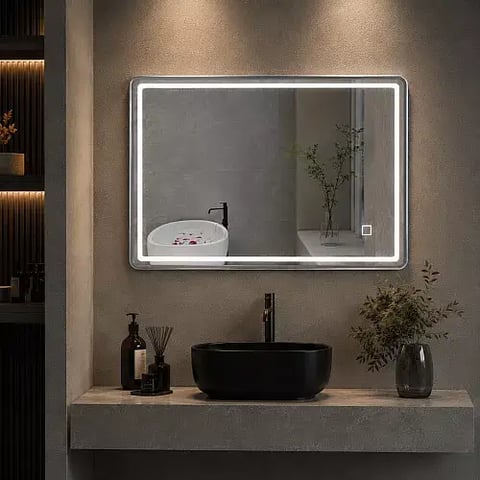 مراية مستطيل 80*60 فريم المنيوم سلفر ليد 3 اضاءات (هذا المنتج متاح داخل مدينة جدة فقط)