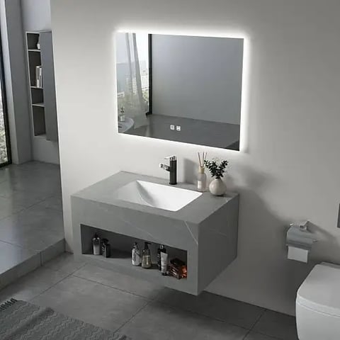 مغسلة سيراميك صندوق رمادي فاتح مع مراية ليد قطعتين مقاس 80*50 سم