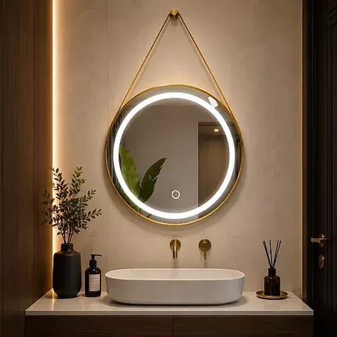 مراية دائري تعليق 60*60 فريم المنيوم ذهبي ليد 3 اضاءات (هذا المنتج متاح داخل مدينة جدة فقط)