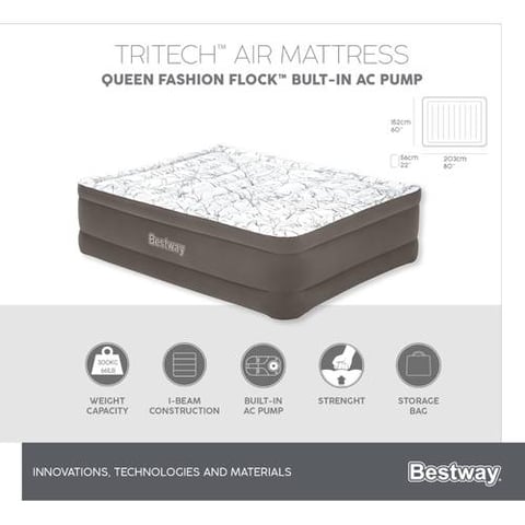 Bestway 2.03m x 1.52m x 56cm Tritech Fashion Flock Air Mattress Queen Built-in AC Pump