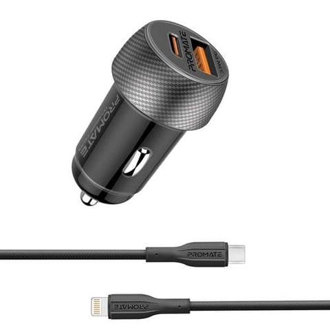 Promate 33W Dual-Port Car Charger Combo with USB-C to Lightning Fast Cable