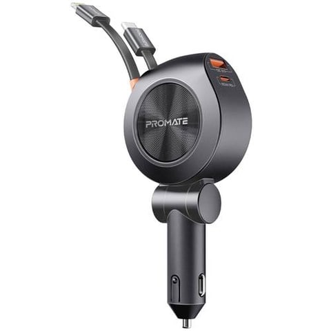 Promate Multi-Port Car Charger with Dual Retractable USB-C & Lightning Cables