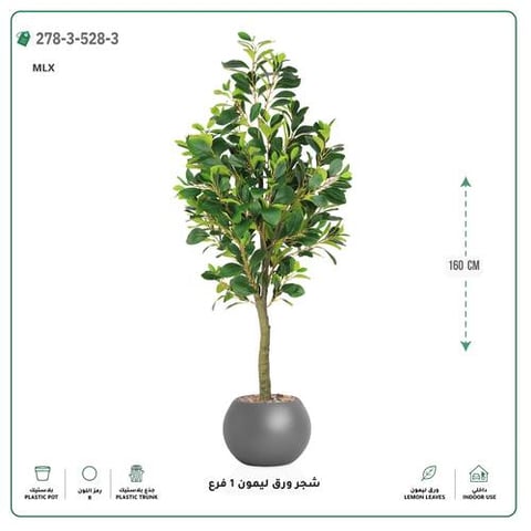 شجرة ورق ليمون صناعية فرع واحد (ارتفاع 160 سم) حوض بلاستيك