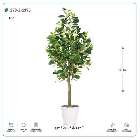 شجرة ورق ليمون صناعية فرع واحد (ارتفاع 160 سم) حوض بلاستيك