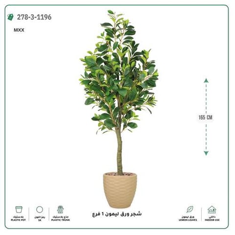 شجرة ورق ليمون صناعية فرع واحد (ارتفاع 165 سم) حوض بلاستيك