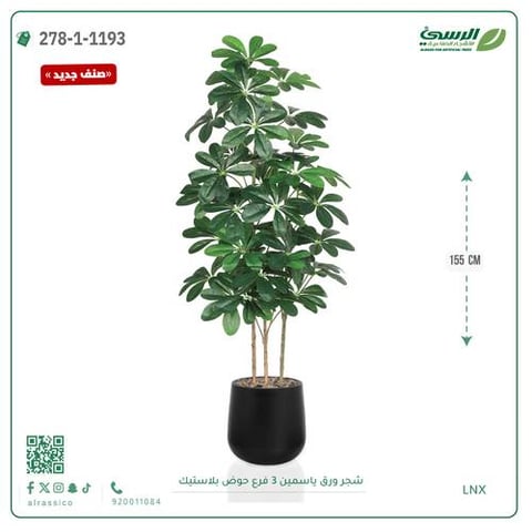 شجرة ورق ياسمين صناعية 3 فروع (ارتفاع 155 سم) حوض بلاستيك