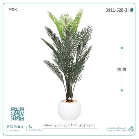  شجرة أريكا اصطناعية (15 فرع) بمركن بلاستيك أسطواني