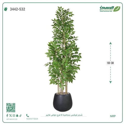 شجرة فيكس بنجامينا صناعية 6 فروع (ارتفاع 190 سم) حوض فيبر