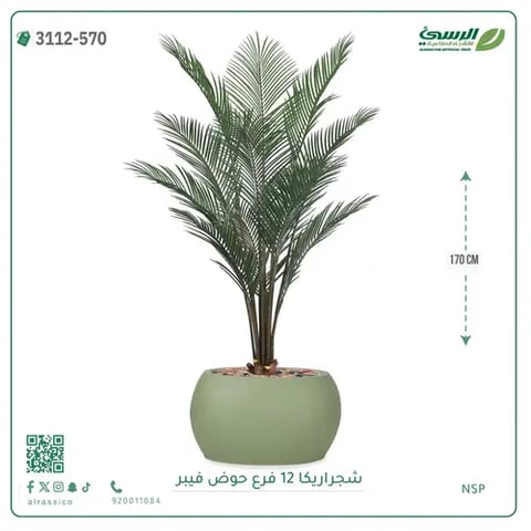 شجرة أريكا صناعية 12 فرع (ارتفاع 170 سم) حوض فيبر