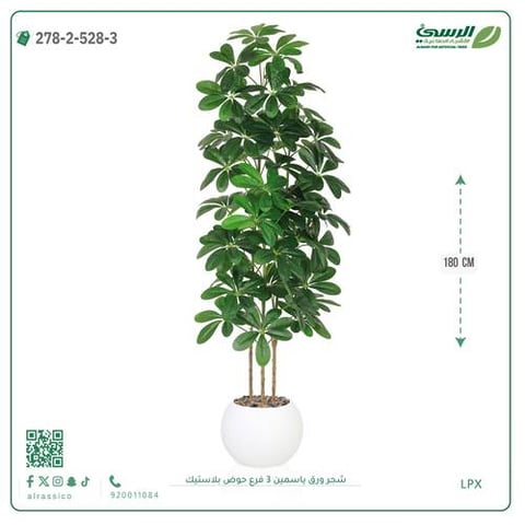 شجرة ورق ياسمين صناعية 3 فروع (ارتفاع 180 سم) حوض بلاستيك