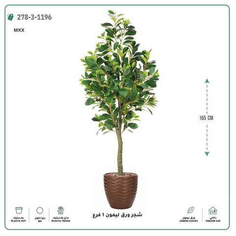 شجرة ورق ليمون صناعية فرع واحد (ارتفاع 165 سم) حوض بلاستيك