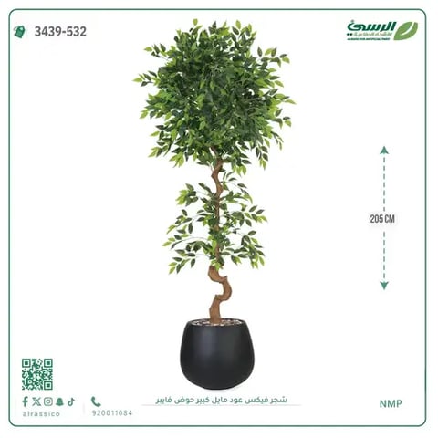 شجرة فيكس صناعية عود مائل (ارتفاع 205 سم) حوض فيبر