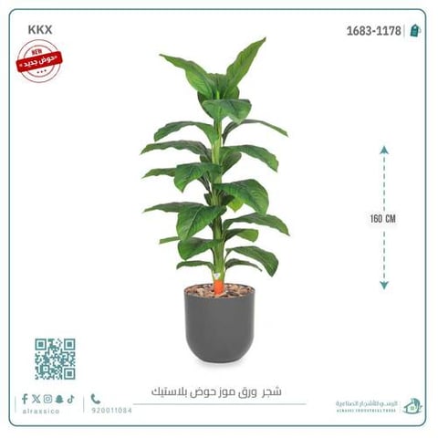 شجرة ورق موز متوسطة اصطناعية بمركن بلاستيك اسطوانى