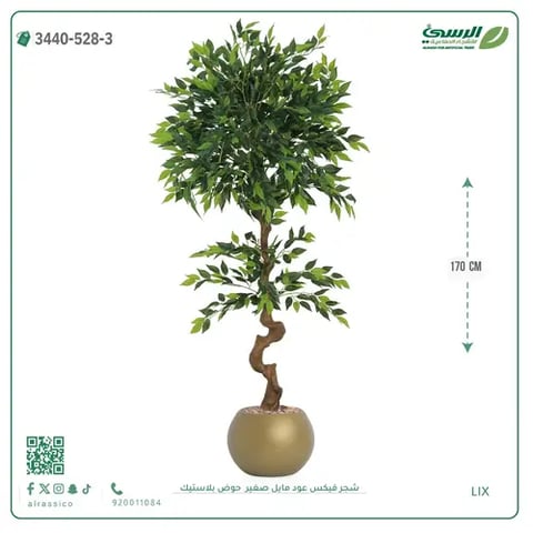 شجرة فيكس عود مائل صناعية صغيرة (ارتفاع 170 سم) حوض بلاستيك