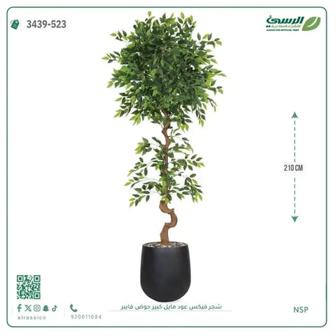 شجرة فيكس صناعية عود مائل (ارتفاع 210 سم) حوض فيبر