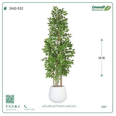 شجرة فيكس بنجامينا صناعية 6 فروع (ارتفاع 190 سم) حوض فيبر