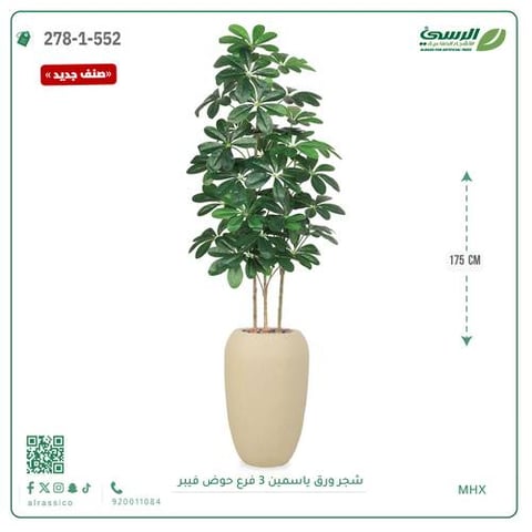 شجرة ورق ياسمين صناعية 3 فروع (ارتفاع 175 سم) حوض فيبر