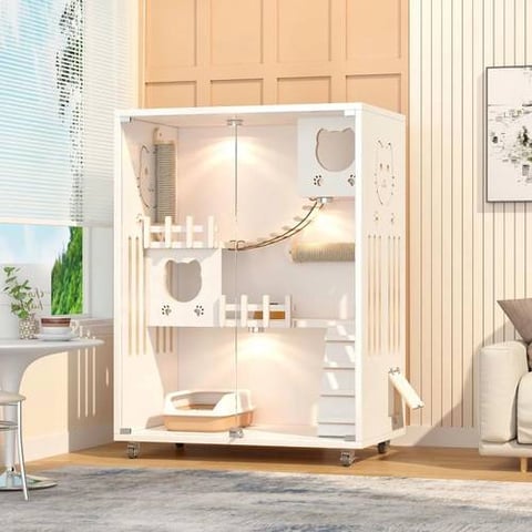 فيلا فاخرة بتصميم عصري من الخشب الأبيض للقطط مقاس 90cm*60cm*125cm