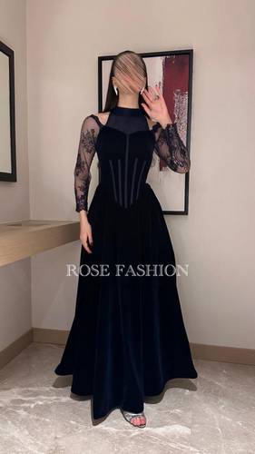  فستان سهرة كحلي كورسية باكمام دانتيل فاخرة - ROSE FASHION 
